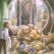 Bilbo recibe a los enanos y a Gandalf