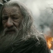 Gandalf mira a Bilbo en plena batalla