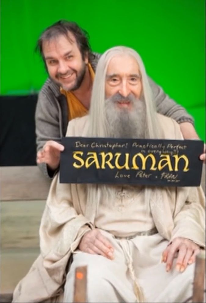 Peter Jackson y Christopher Lee en el rodaje de El Hobbit