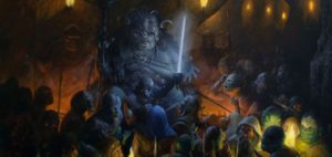 Bilbo y los Enanos ante el Gran Trasgo, según Paul Raymond Gregory