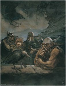Roäc, Bilbo y los enanos, según John Howe