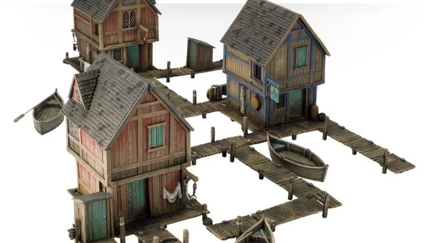 Escenografía de la Ciudad de los Trasgos y casas de la Ciudad del Lago de Games Workshop