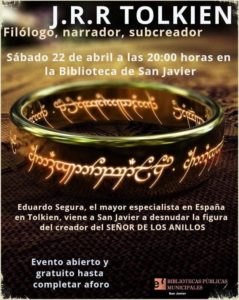 'J.R.R. Tolkien: Filólogo, narrador y sucreador', conferencia de Eduardo Segura en San Javier