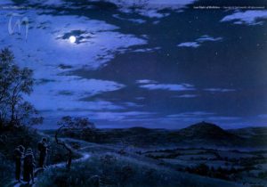 Frodo, Sam y Pippin abandonan Hobbiton, por el artista canadiense Ted Nasmith