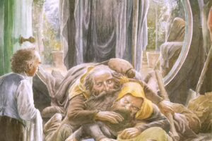 Bilbo recibe a los enanos y a Gandalf
