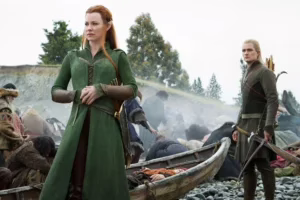 Tauriel y Legolas en la orilla del Lago Largo