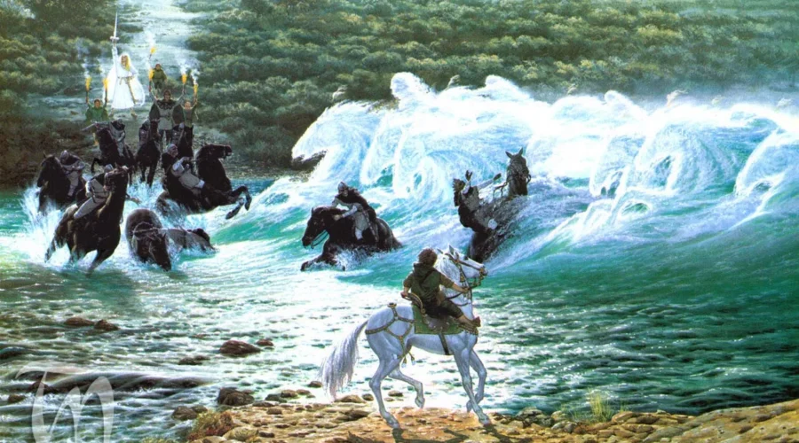20-10-3018 Frodo, montado en Asfaloth, alcanza la otra orilla del río y Elrond provoca la crecida del Bruinen