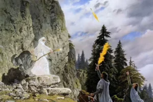 Gandalf el Blanco aparece ante Aragorn, Legolas y Gimli