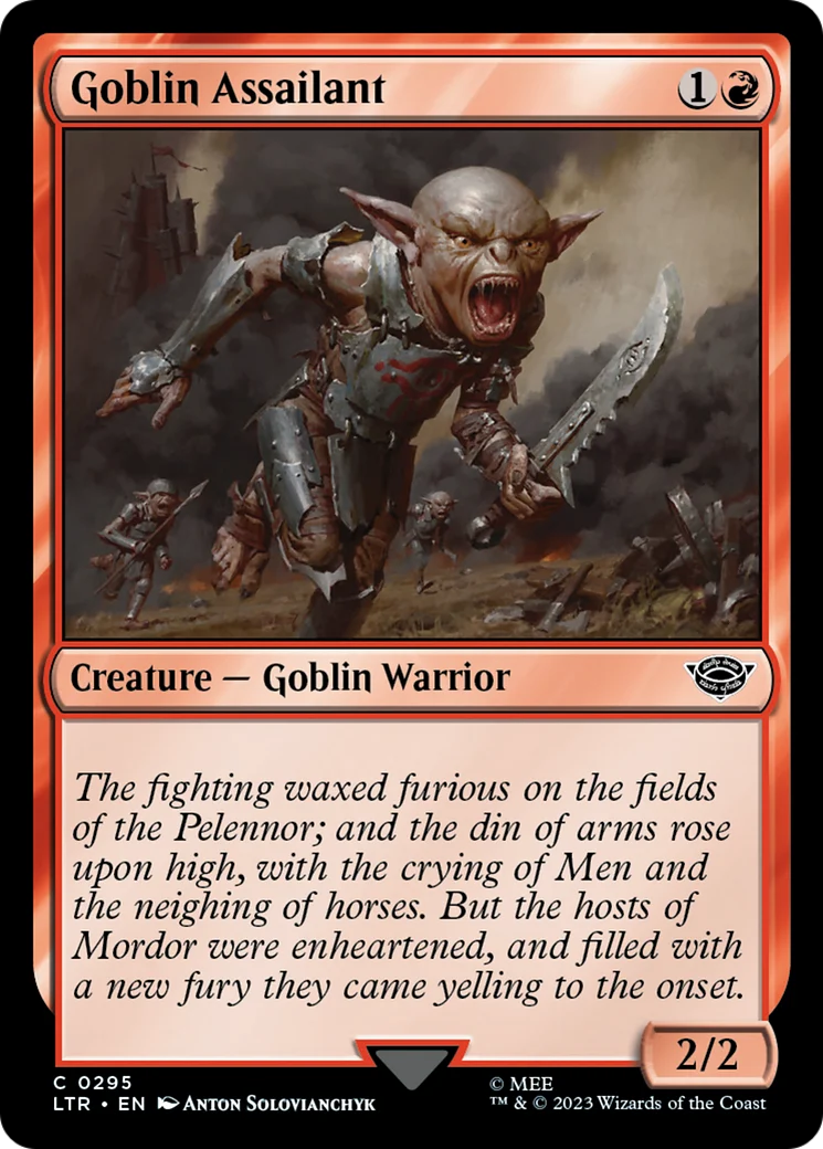 Un ejemplo de carta de criatura de Magic. «Goblin Assailant», una carta de la expansión «Tales of the Middle-earth», cuesta un maná rojo y uno de cualquier color. Tiene los tipos de criatura «Trasgo» y «Guerrero». No tiene habilidades (solo texto de ambientación), tiene una fuerza de 2 y una resistencia de 2.